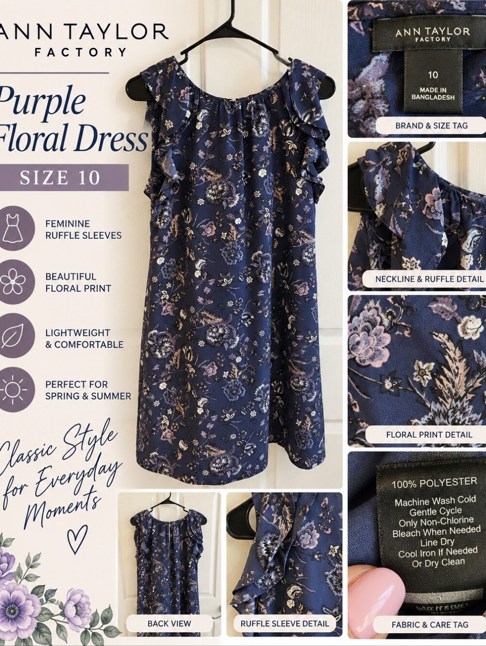 Ann Taylor Factory Summer Purple Floral Ruffle Sleeve Dress